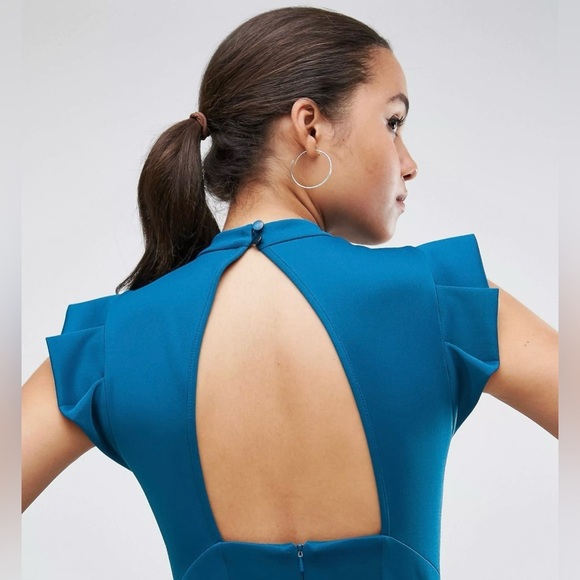 ASOS|Teal Midi high neck pencil dress with cut out back and shoulder detail••• - Picture 2 of 14